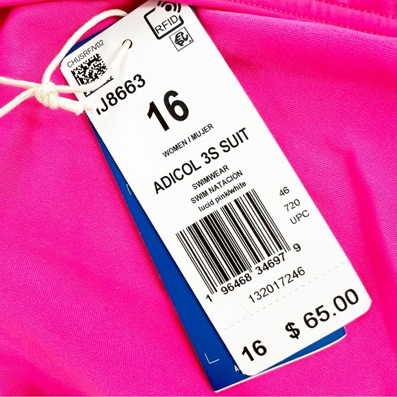 Adidas Adicolor 3-Stripes One-Piece Swimsuit Lucid Pink/White Size 16, NWT - Picture 7 of 16